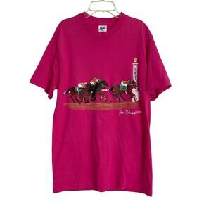 Kentucky Derby VTG 90s Joan Studwell Hand Painted Horse Race Tee Shirt Pink Sz L